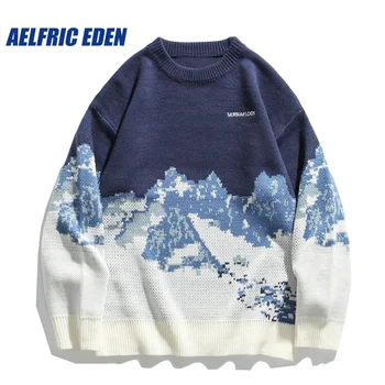 Harajuku Винтажный свитер с рисунком Снежных гор, мужской Свитер 2023, Осень-зима, Свободный вязаный свитер, уличная одежда в стиле хип-хоп, Трикотажный пуловер