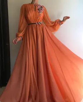 Мусульманские оранжевые выпускные платья с высоким воротом, Трапециевидные вечерние платья с длинными рукавами, пояса с цветочными аппликациями, Саудовские Арабские халаты De Soirée