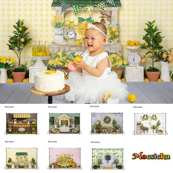 Желтый Лимон Фруктовая тема Торт ко дню рождения Разбить Фон для фотосъемки в стиле магазина Декоративный фон для новорожденных девочек Студийная фотография