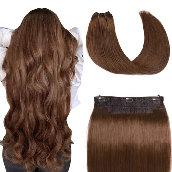 Темно-коричневые прямые волосы в виде рыбьей линии, человеческие волосы с 3 зажимами, невидимые проволочные шиньоны, 16-26-дюймовая рыболовная проволока для женщин