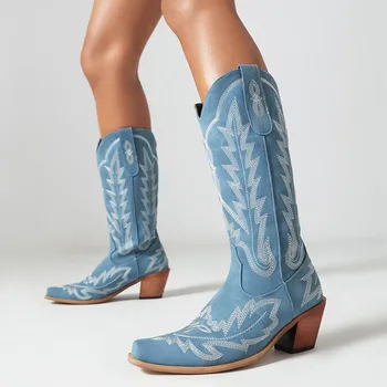 Пошив ковбойских сапог в западном стиле для женщин, обувь на высоком каблуке, ковбойские сапоги, Женские осенне-зимние длинные сапоги до колен, Большие размеры 47