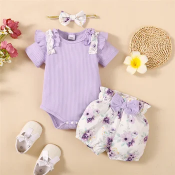 Комплект Одежды для Маленьких Девочек от 0 до 18 месяцев, Фиолетовый Комбинезон С Коротким Рукавом + Шорты с Цветами и Повязкой на голову, Летний Комплект из 3 шт.