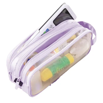 Прозрачная нейлоновая студенческая сумка для канцелярских принадлежностей, 2 отделения, пенал на молнии с ручкой, сумка для хранения в деловом офисе, органайзер