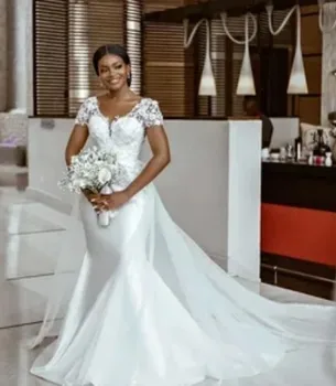 Новейшие свадебные платья Русалки с короткими рукавами и кружевной аппликацией, атласное свадебное платье большого размера в африканском стиле