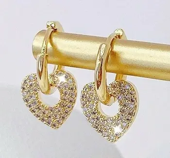 Серьги из 14-каратного золота с сердечками, инкрустированными белыми драгоценными камнями, маленькое висячее кольцо в виде капли