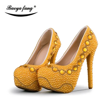 BaoYaFang Золотые бусы Жемчужные женские свадебные туфли для невесты туфли на высоком каблуке женские вечерние туфли большого размера женские туфли на платформе