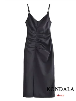 Сексуальное женское вечернее платье KONDALA Черное Однотонное Плиссированное Длинное платье на молнии с открытой спиной Мода 2023 Весна Лето Элегантное платье-футляр