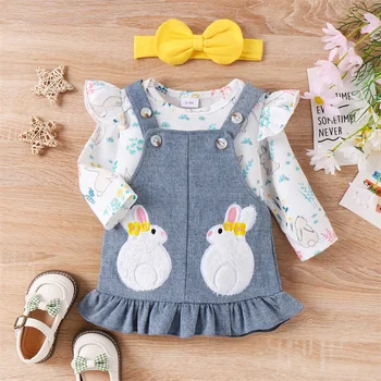 Комплект одежды для новорожденных девочек из 3 предметов, Пасхальный комбинезон, Юбка на подтяжках с кроликом, Повязка на голову, Комплект одежды