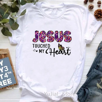 Футболка с графическим принтом Jesus Touched My Heart, женская одежда 2023, забавная белая футболка Femme Butterfly Flowers, женская футболка