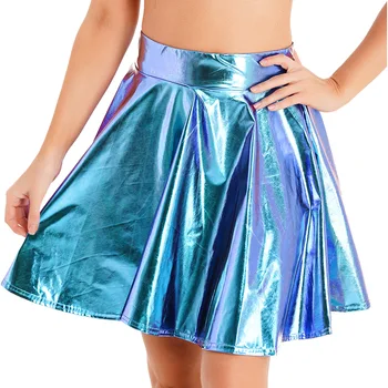 Женская блестящая металлическая плиссированная юбка, глянцевая мини-юбка с высокой талией, юбка для фигуристов, сексуальная клубная одежда, танцевальный костюм на Хэллоуин