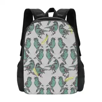 Дизайнерская сумка с рисунком маленьких птичек, студенческий рюкзак, мятно-синий, зеленый, желтый, фиолетовый, серый, птицы, перья с рисунком воробья