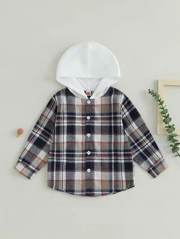 Рубашки в клетку с капюшоном и пуговицами для мальчиков, стильные топы с длинными рукавами для повседневной осенне-зимней одежды для малышей