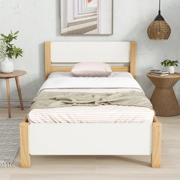 Односпальная кровать, деревянная кровать, каркас из сосны с центральной ножкой, кровать для взрослых, с изголовьем и изножьем из МДФ, белый + натуральный