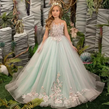 Платье для девочки в цветочек Мятно-зеленое пышное тюлевое кружевное плиссированное бисером свадебное элегантное детское праздничное платье в цветочек для первого причастия