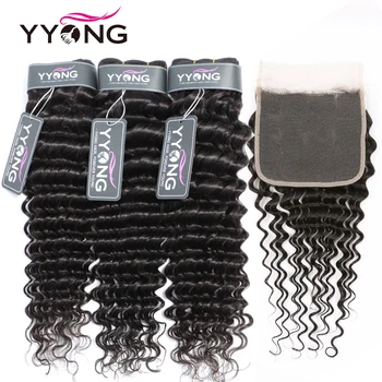 Застежка Yyong 5x5 с пучками, Бразильское плетение волос, пучки глубокой волны с закрытием, человеческие волосы Remy, 3/4 пучка с закрытием.