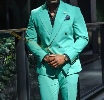 Мятно-зеленый Двубортный мужской костюм для полных, элегантный комплект свадебных платьев, куртка для жениха, брюки, приталенный комплект из 2 предметов, блейзер для выпускного вечера, брюки, наряд