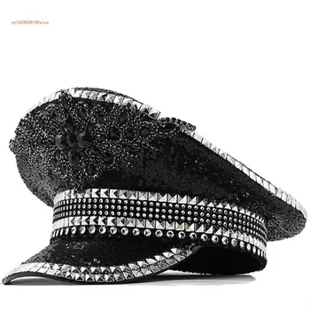 Шляпа с блестками для леди Свадьба Черная шляпа сержанта невесты Модный День рождения Шляпа капитана для ночного клуба