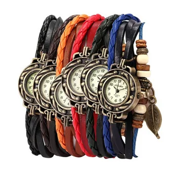 Женские наручные часы с переплетением браслетов, кварцевые кожаные бусины в виде листьев, мужские модные часы, мужские механические часы