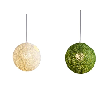 2x Шаровая люстра из зеленого/белого бамбука, ротанга и пеньки с индивидуальным творчеством, Сферический абажур из ротанга в виде гнезда