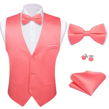 Жилет для мужчин, шелковый Розово-красный Однотонный жилет для свадебной вечеринки, комплект с галстуком-бабочкой, Мужской жакет без рукавов, Формальный повседневный Barry Wang