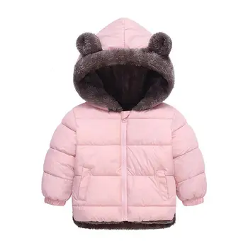 Очаровательная плюшевая куртка для мальчиков Осень-зима, Милые Медвежьи ушки, сохраняющие тепло, пальто принцессы для девочек, верхняя одежда на молнии с капюшоном для детей 1-4 лет