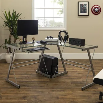 Офисная мебель, Бесплатная доставка, стоящий стол, Современная стеклянная столешница, L-образный угловой игровой стол С подносом для компьютерной клавиатуры, серебро