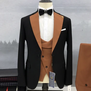 2023 Модный Новый мужской костюм на заказ, бутик, деловой, приталенный, Оранжевый, с лацканами, 3 предмета, свадебный пиджак для жениха, Жилет, Брюки