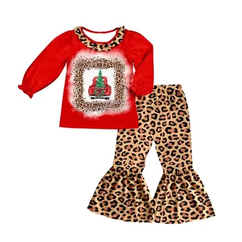 Рождественский детский костюм для маленькой девочки, расклешенные брюки с леопардовым принтом в виде рождественской елки, комплект из 2 предметов, оптовая продажа, бутик одежды для девочек