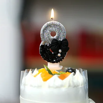 0-9 Блестящий черный Серебряный Бант Номер свечи Творческая личность День рождения ручной работы Свадебный фестиваль Торт Декор для кексов