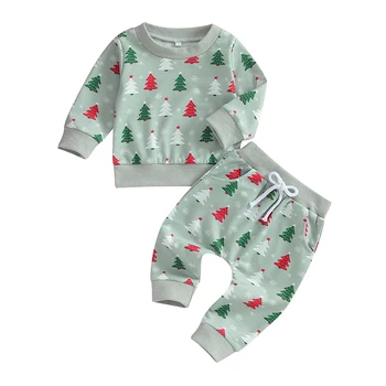 Комплект рождественской одежды для новорожденных девочек и мальчиков, толстовка с круглым вырезом и буквенным принтом, Брюки, осенне-зимняя одежда