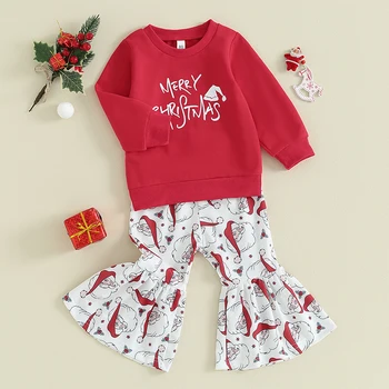 Honganda Для новорожденных девочек, комплект рождественской одежды из 2 предметов, толстовка с надписью Merry Christmas, топы, расклешенные брюки Санта-Клауса, одежда