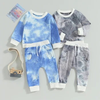 Модные весенне-осенние комплекты одежды для новорожденных мальчиков и девочек с принтом Tie Dye, пуловеры с длинными рукавами, толстовки, Брюки, спортивные костюмы от 0 до 3 лет