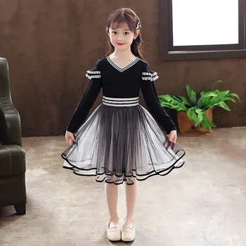 Новое модное однотонное летнее платье 2021, черные сетчатые платья для девочек, Vestidos с длинными рукавами, детская одежда для девочек от 4 до 12 лет