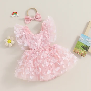 Летнее платье-комбинезон для новорожденных девочек с развевающимися рукавами-бабочками, квадратный вырез, тюлевый комбинезон с повязкой на голову
