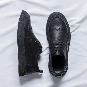 2023 Новая Мужская Повседневная Обувь Классического Черного Цвета С Круглым Носком, Черные Броги На Толстой Подошве, Модная Дизайнерская Обувь Из Искусственной Кожи, Крутая Обувь B169
