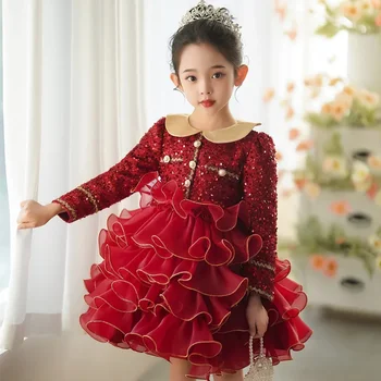 Модное платье с блестками для девочек, сетчатое кружевное платье принцессы с длинными рукавами для девочек, летние детские вечерние платья для девочек 2-10 лет
