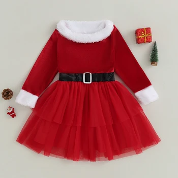 Платье для маленьких девочек Рождественская одежда Бархатное платье с поясом в стиле пэчворк, платье с длинным рукавом, осенне-зимнее платье принцессы