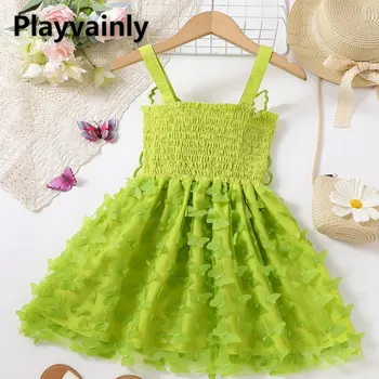 Новое летнее платье для девочки с квадратным воротником, зеленое газовое платье принцессы с бабочкой, детская одежда ED131