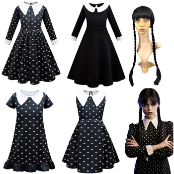 Детские костюмы на Хэллоуин для девочек Семейка Аддамс, платье для косплея Мортисия, Парик, сумка, комплект черных нарядов, карнавальная готическая одежда
