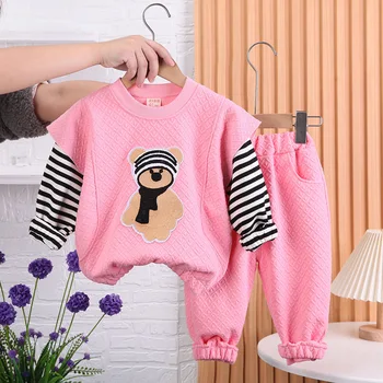 Осенние наряды для маленьких девочек, Корейский модный пуловер в стиле пэчворк с героями мультфильмов 2023 года, футболки и брюки с длинными рукавами, одежда для младенцев