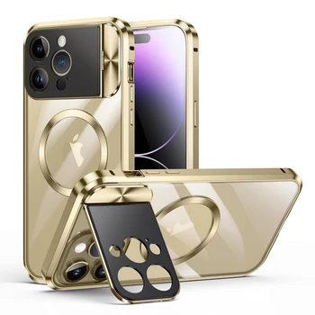 Чехол для телефона Magsafe из одностороннего закаленного стекла для iPhone 13 14 Pro Max с защитой объектива и металлическим бампером на магнитах-держателях