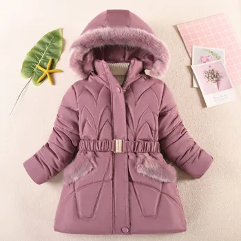 Зимнее плюс бархатное теплое хлопчатобумажное пальто, куртка с утолщенным поясом для девочек 4-10 лет, новая корейская версия модной детской одежды