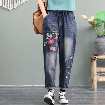 Новые модные женские джинсы, весна-осень, повседневные брюки-шаровары с эластичной резинкой на талии, женские джинсовые брюки с вышивкой большого размера, женские джинсовые брюки