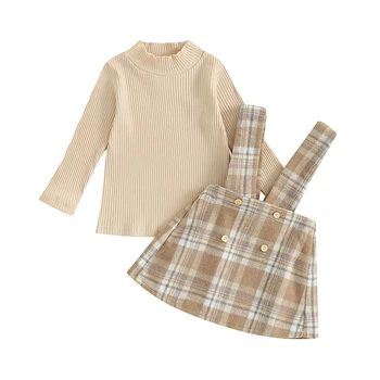 Осенний наряд для маленькой девочки, клетчатая юбка на подтяжках, комплект одежды