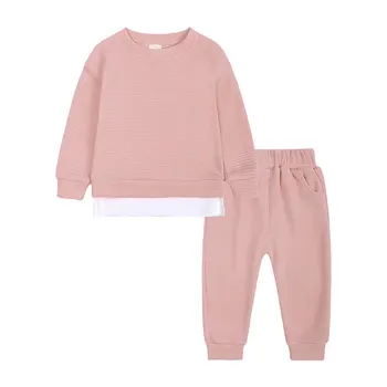 Модная однотонная одежда для маленьких мальчиков, весенне-осенняя детская одежда, одежда для девочек, хлопковые топы с длинными рукавами + брюки, детская одежда
