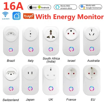 16A WiFi Smart Plug ЕС Бразилия Великобритания Голосовое управление Розетка для контроля энергопотребления Розетка таймера для Alexa Google Home Приложение Tuya Smartlife