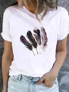 Прекрасная футболка с изображением перьев в винтажном стиле, женская футболка с принтом, Одежда с коротким рукавом, женская одежда, модная базовая футболка