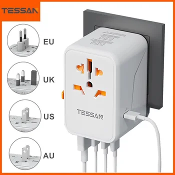Универсальный адаптер для путешествий TESSAN с быстрой зарядкой USB и Type C по всему миру Международный адаптер питания EU/UK/US/AU Plug для путешествий