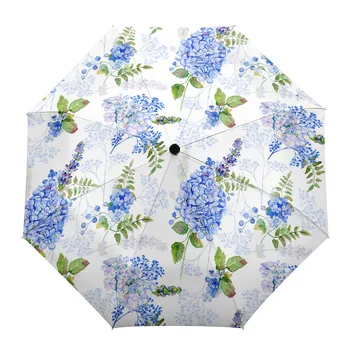 Акварельные листья гортензии Автоматический зонт Дорожный складной зонт Портативный зонтик ветрозащитные зонты