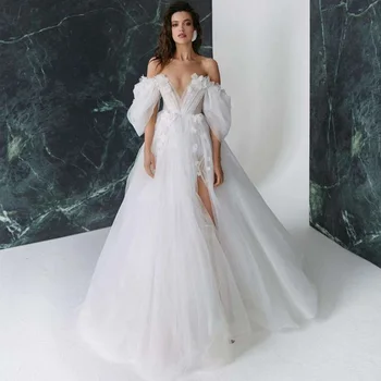 Сказочные блестящие Сексуальные свадебные платья в стиле Бохо С цветами, свадебные платья с разрезом сбоку, Винтажное Пляжное платье невесты, Vestido de Noiva 2022